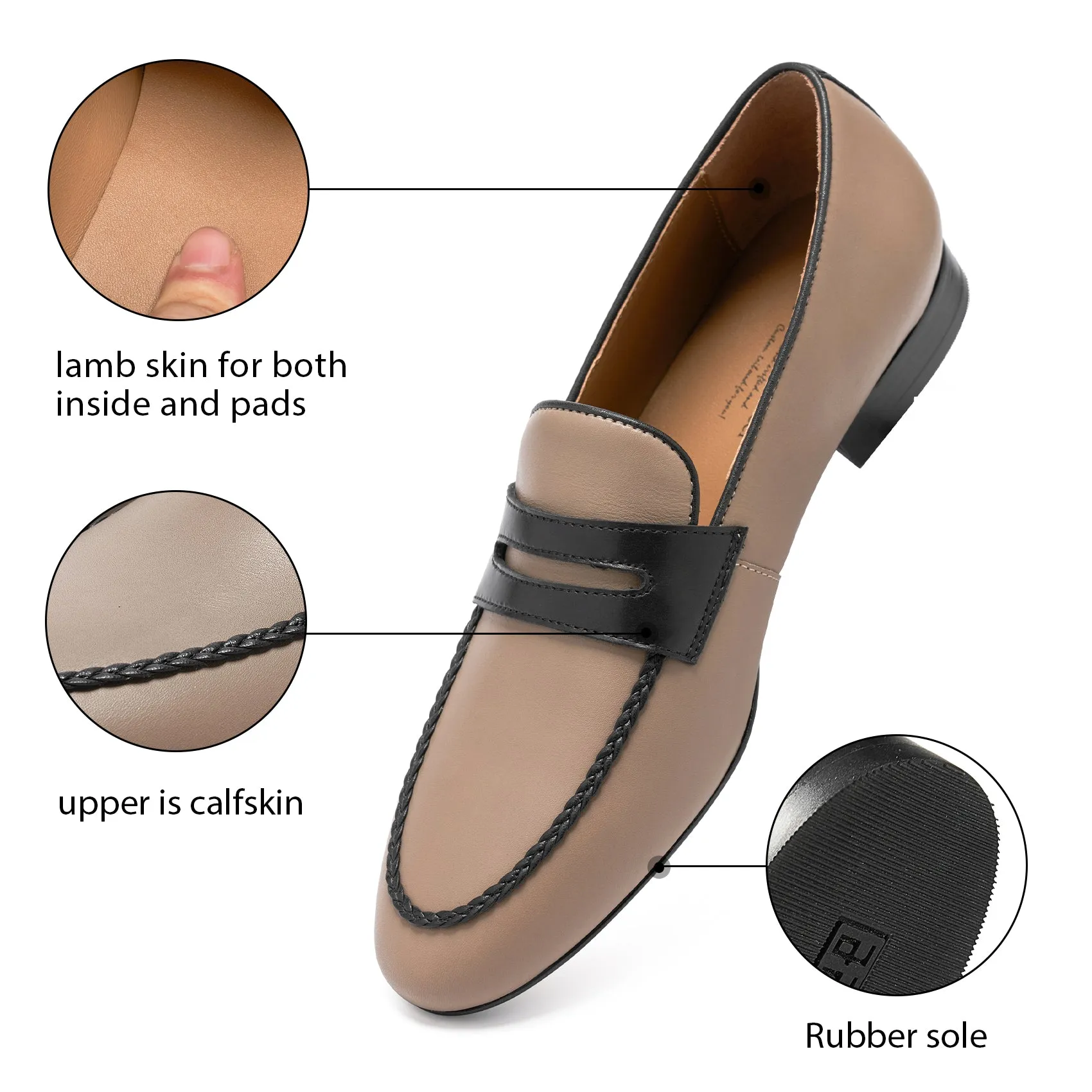 AiciBerllucci & INCI  Apricot /Black  Calfskin Leather & Sheepskin  lining-Loraine-Penny Loafers for Women- Comfort Flat Shoes- Slip-on Women Loafers -Shoes Casual