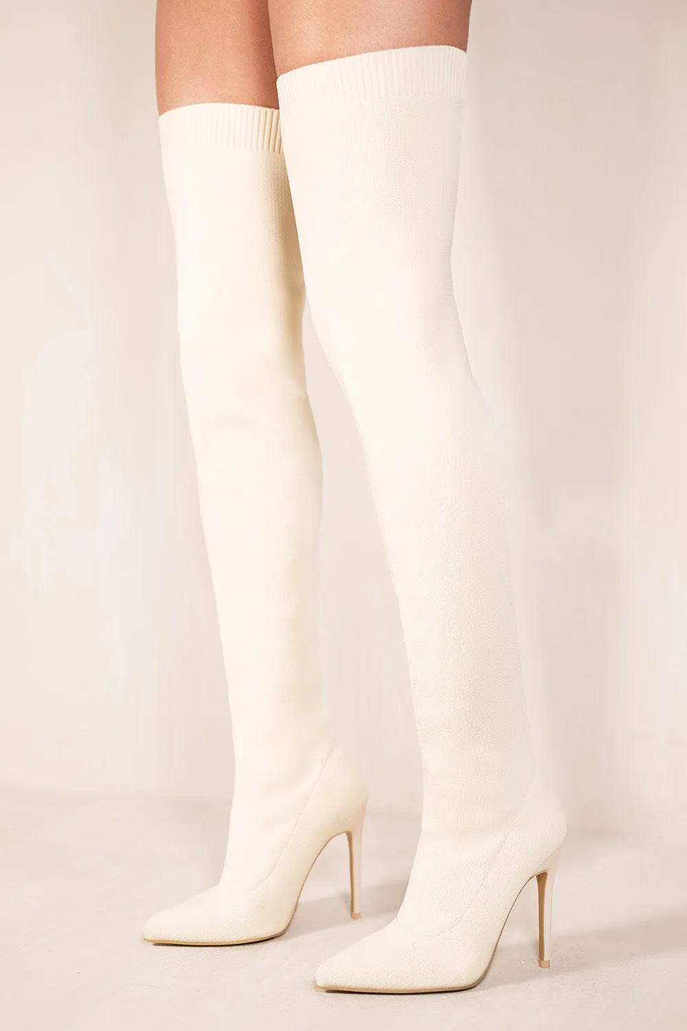 ALIVIA OVER THE KNEE HIGH HEEL BOOT WITH KNITTED LEG IN BEIGE