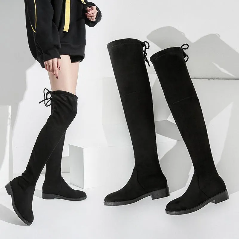 Black Chunky Heel Elastic Lace Up Women Over The Knee Boots