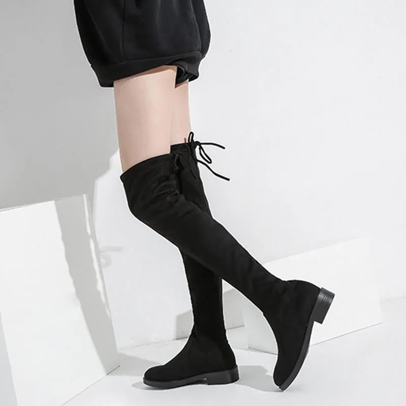 Black Chunky Heel Elastic Lace Up Women Over The Knee Boots