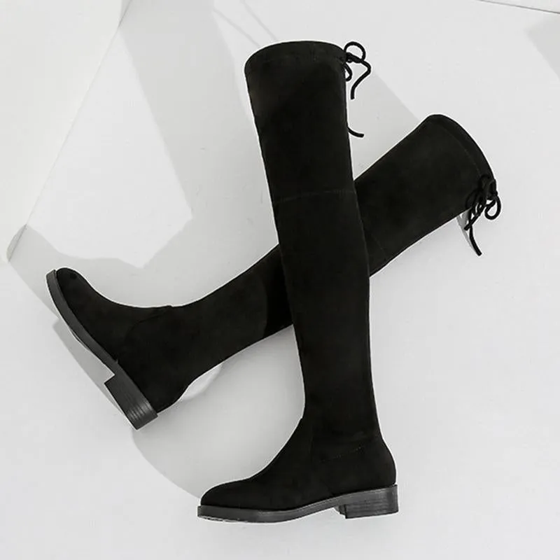 Black Chunky Heel Elastic Lace Up Women Over The Knee Boots