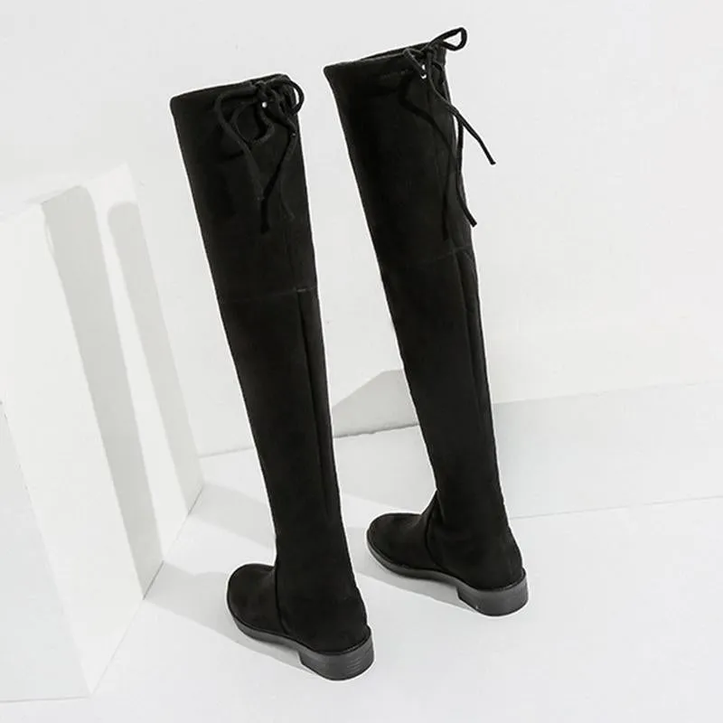 Black Chunky Heel Elastic Lace Up Women Over The Knee Boots