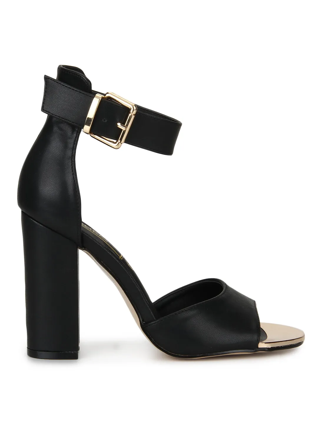 Black PU Ankle Strap Block Heels