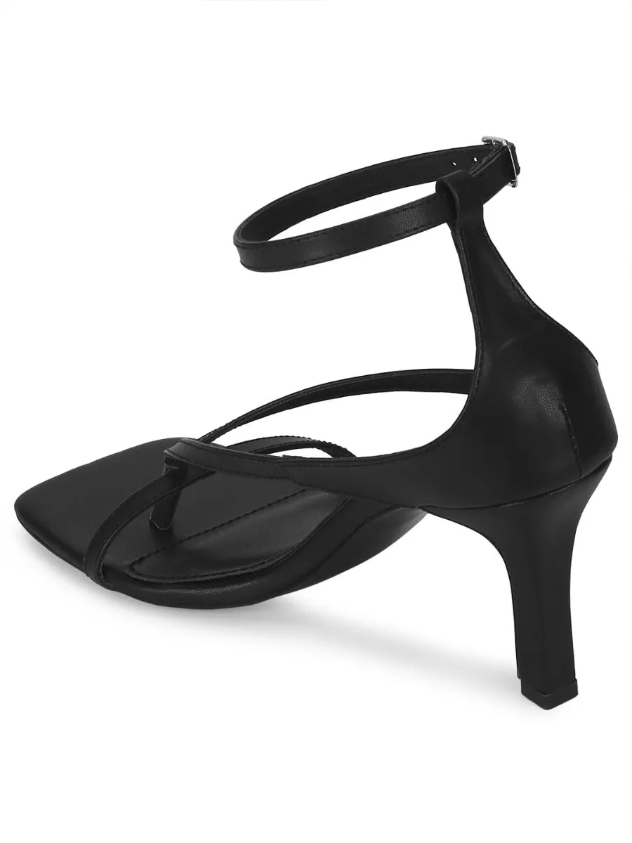 Black PU Pointed Heel Strappy Stilettos