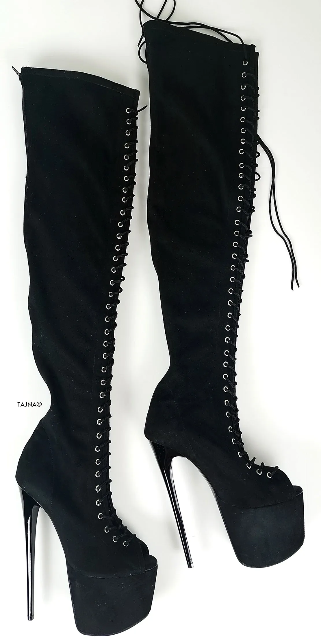 Black Suede Gladiator Lace Up Thigh High Boots