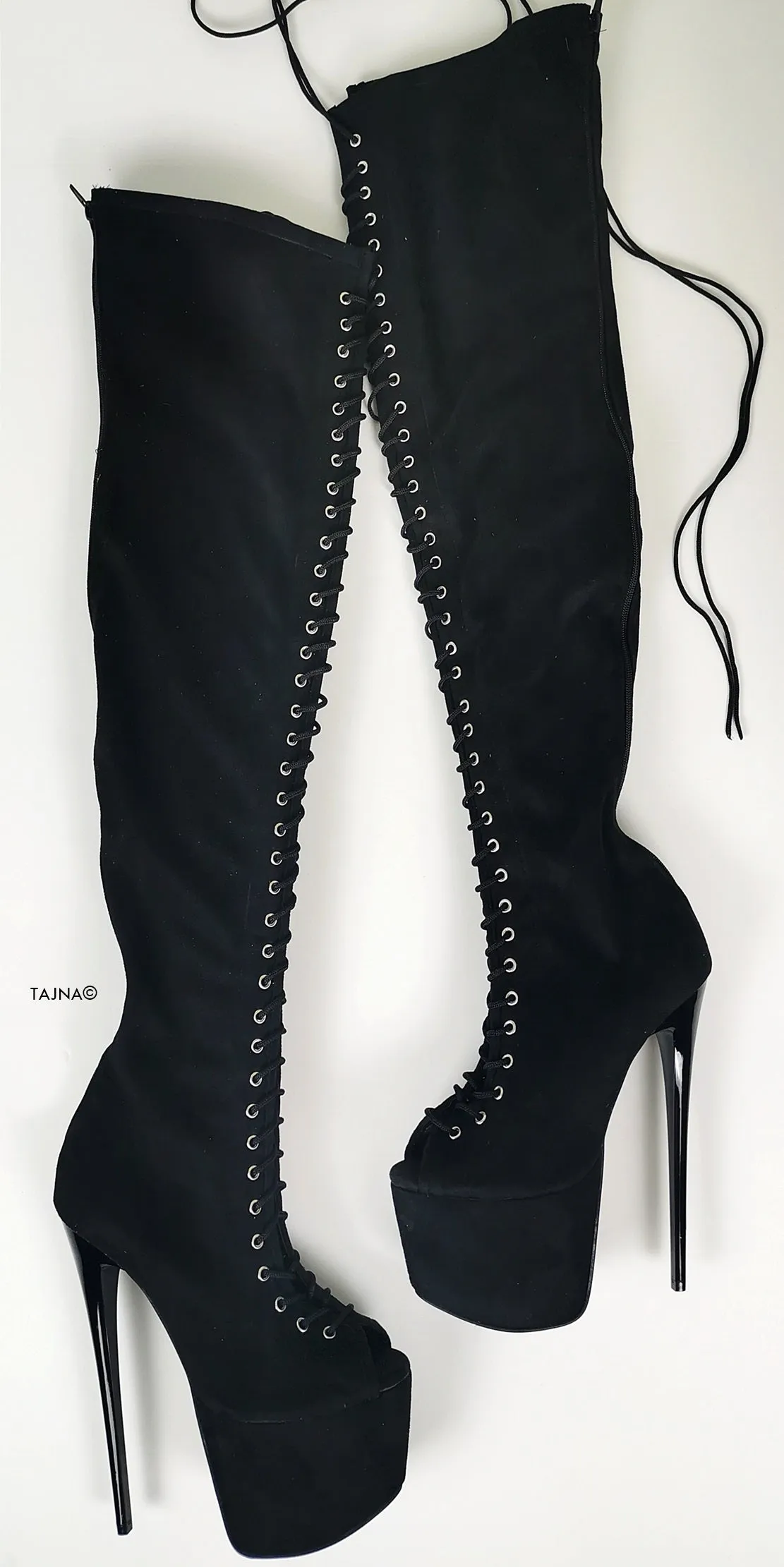 Black Suede Gladiator Lace Up Thigh High Boots