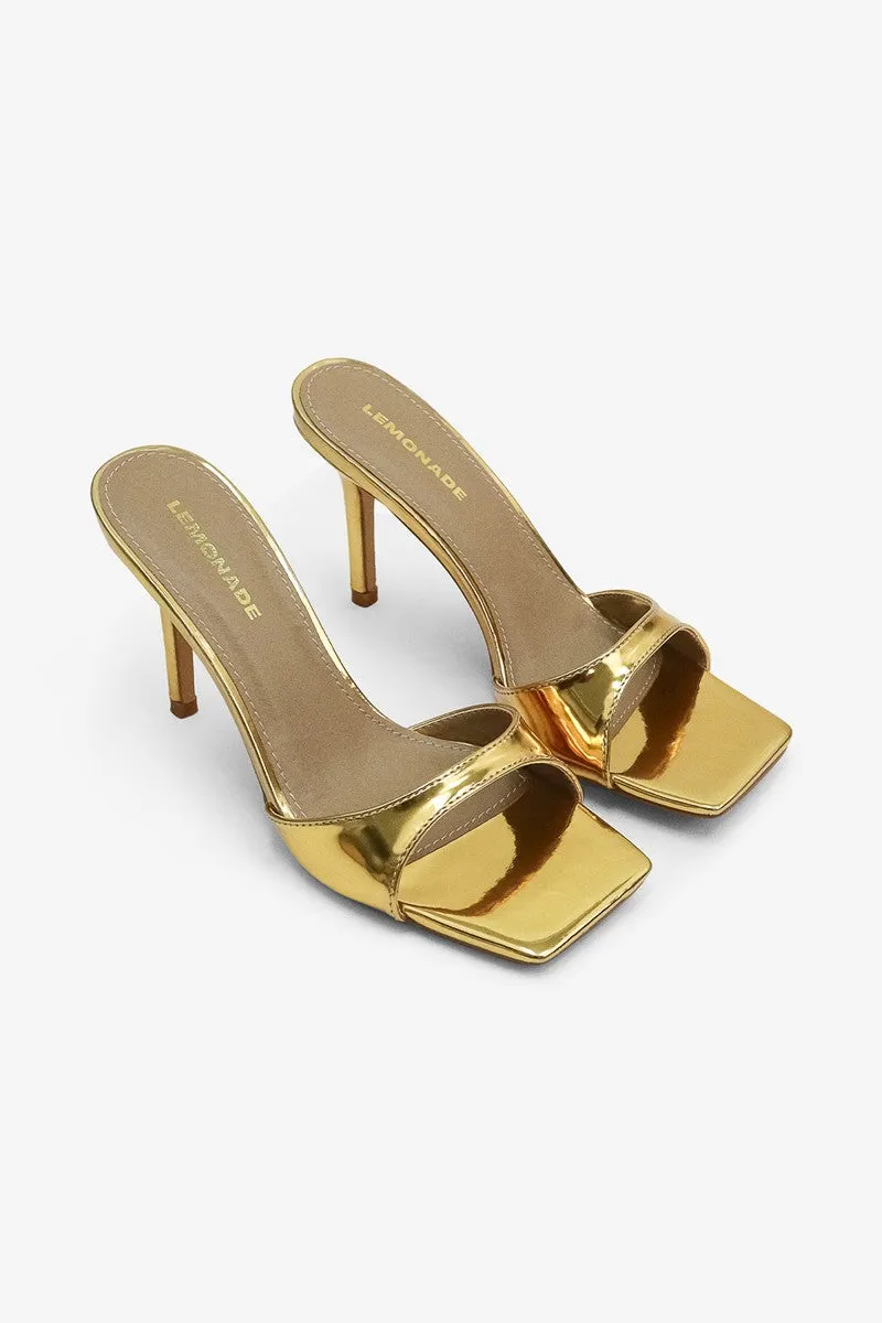 CAROLINE Gold Faux Leather Slip On Mule - Open Toe - Square Toe