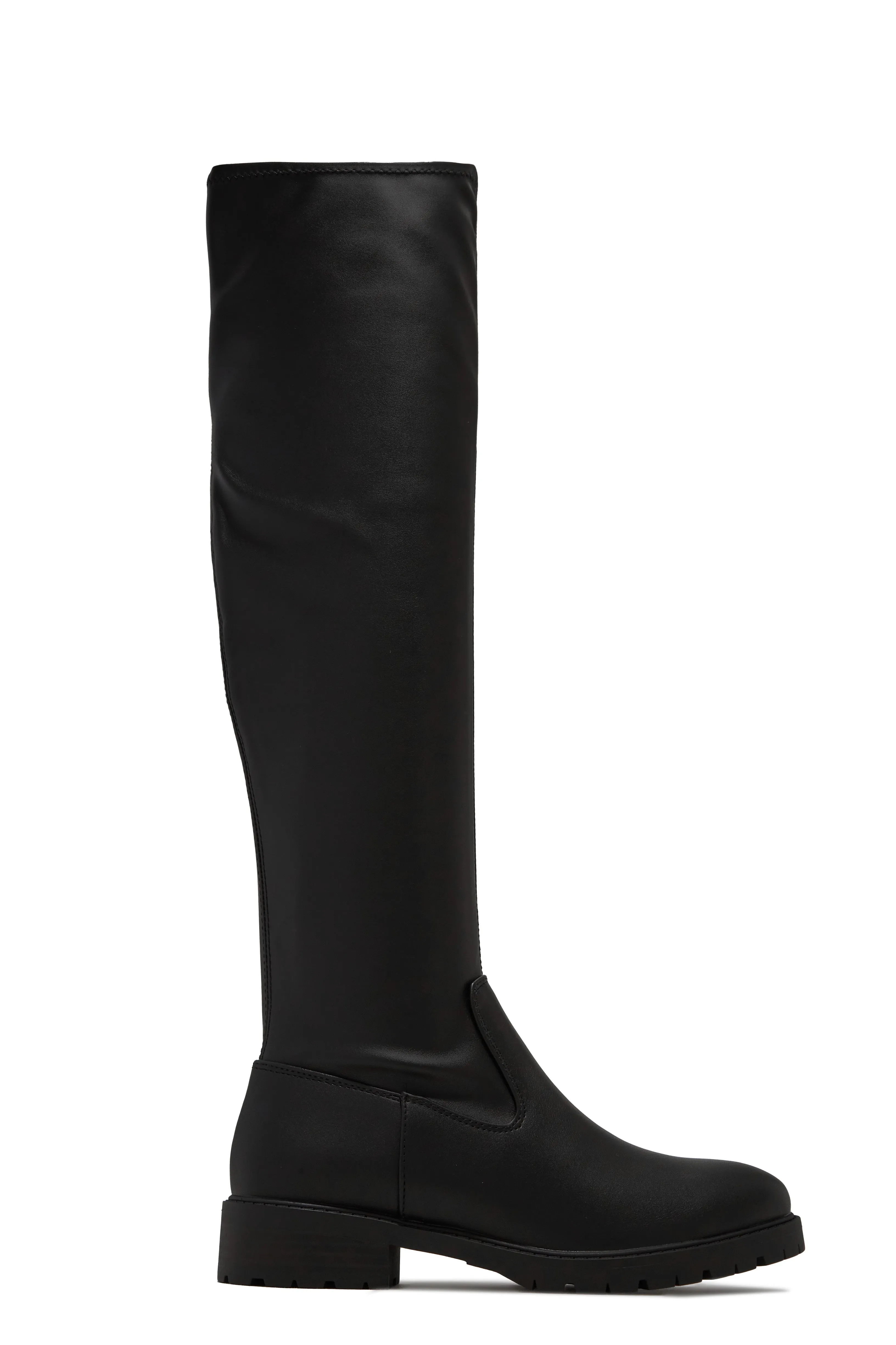 Chilly Nights Flat Over The Knee Boots - Black PU