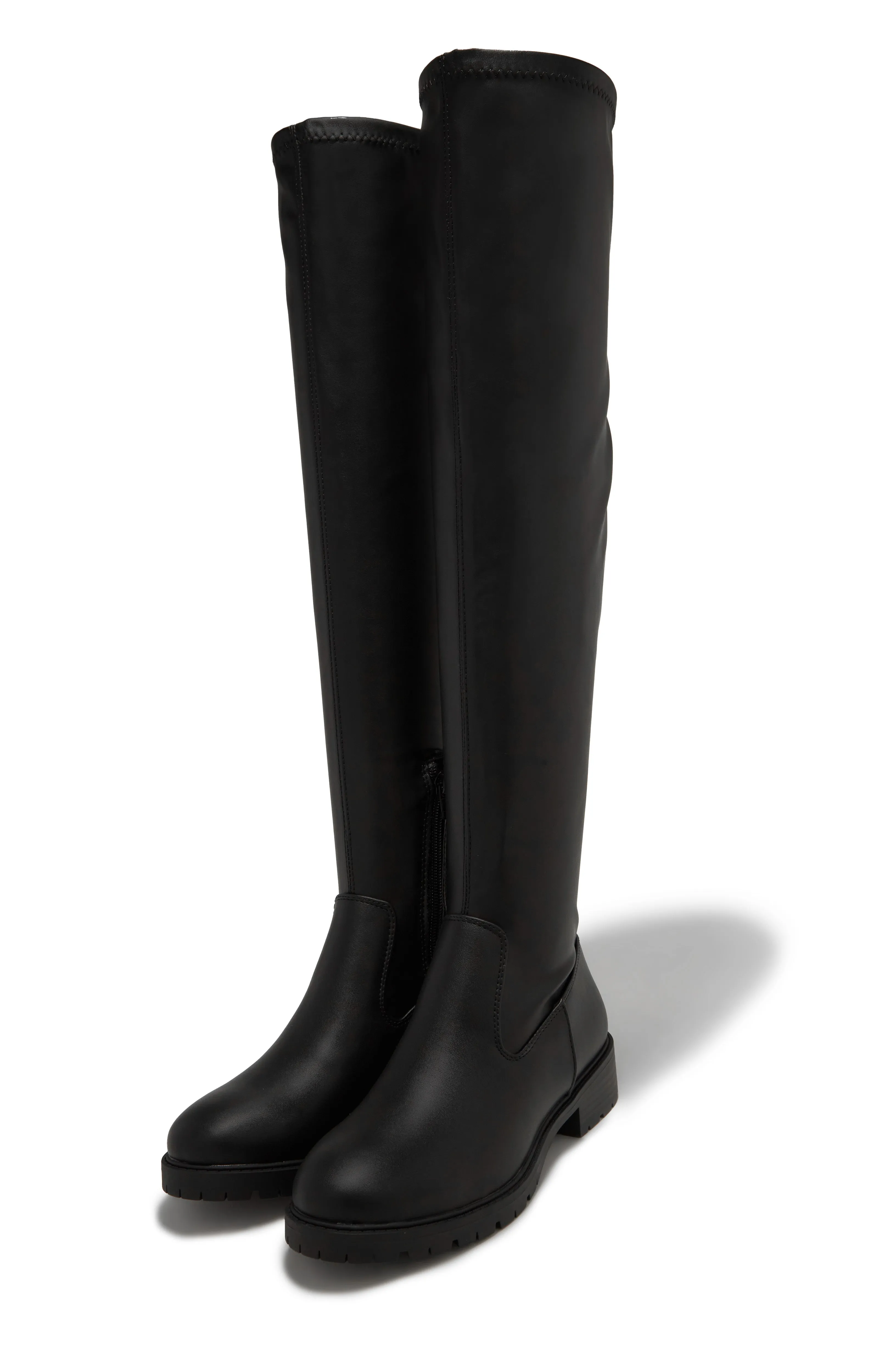 Chilly Nights Flat Over The Knee Boots - Black PU