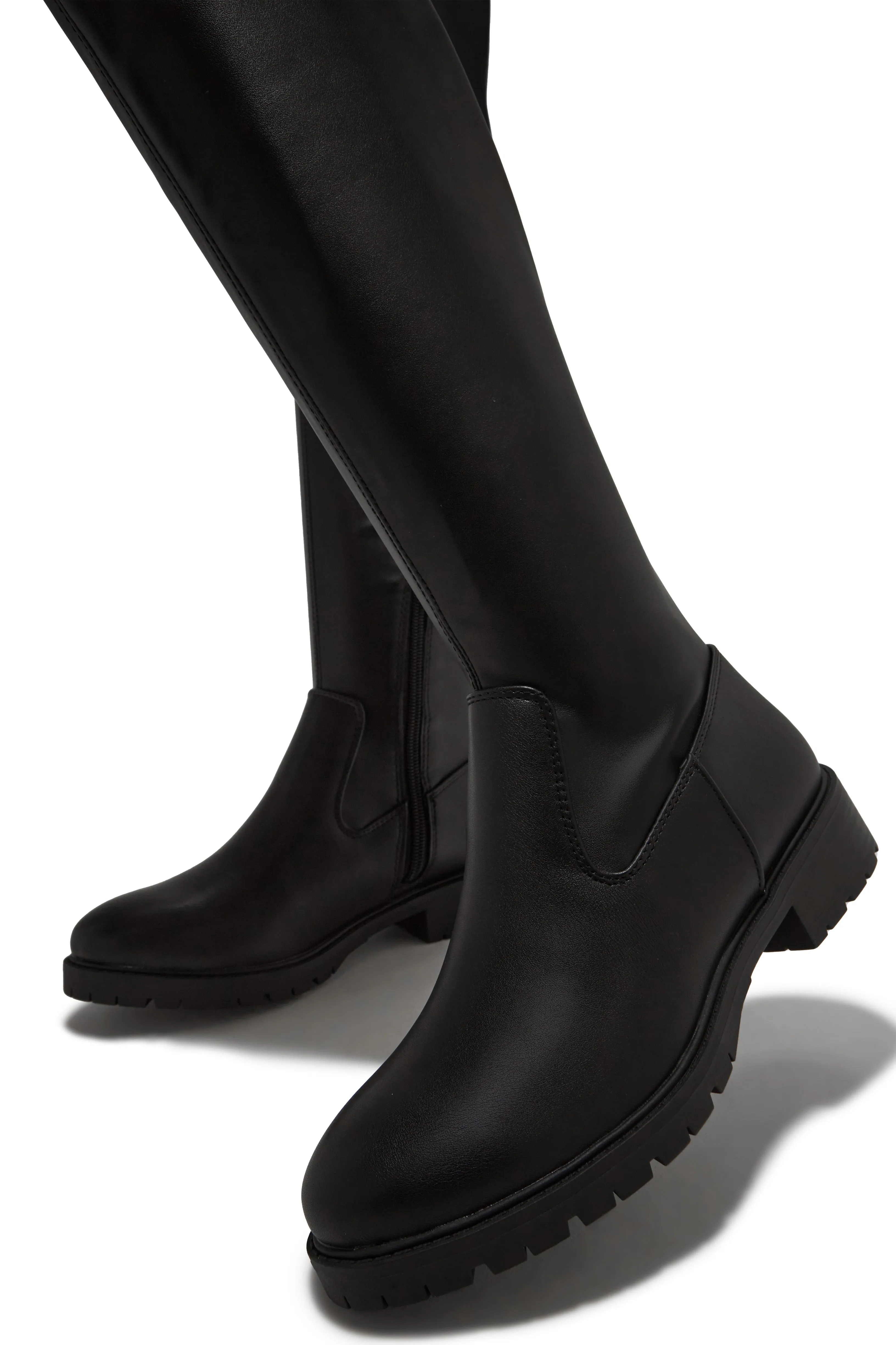 Chilly Nights Flat Over The Knee Boots - Black PU