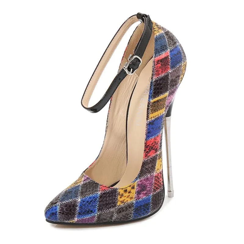 Colorful Pointed Toe Harlequin Pattern Metal Stiletto Heels