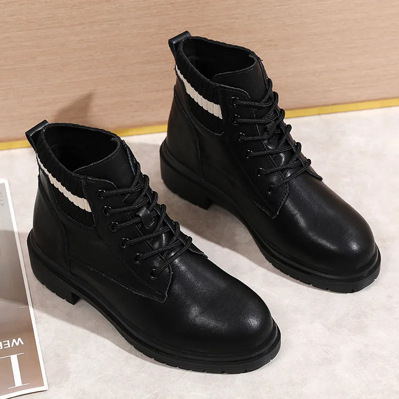 Fashion Winter Women Ankle Boots Round Toe Leather Warm Fur Motorcycle Boots