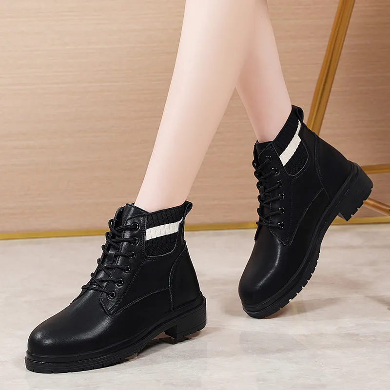 Fashion Winter Women Ankle Boots Round Toe Leather Warm Fur Motorcycle Boots