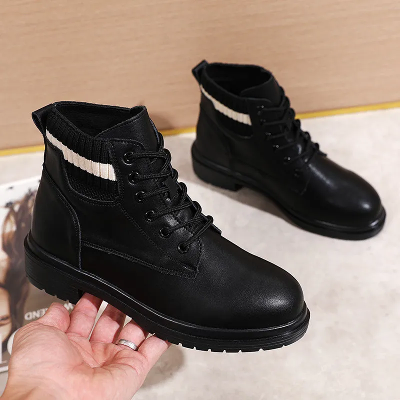 Fashion Winter Women Ankle Boots Round Toe Leather Warm Fur Motorcycle Boots