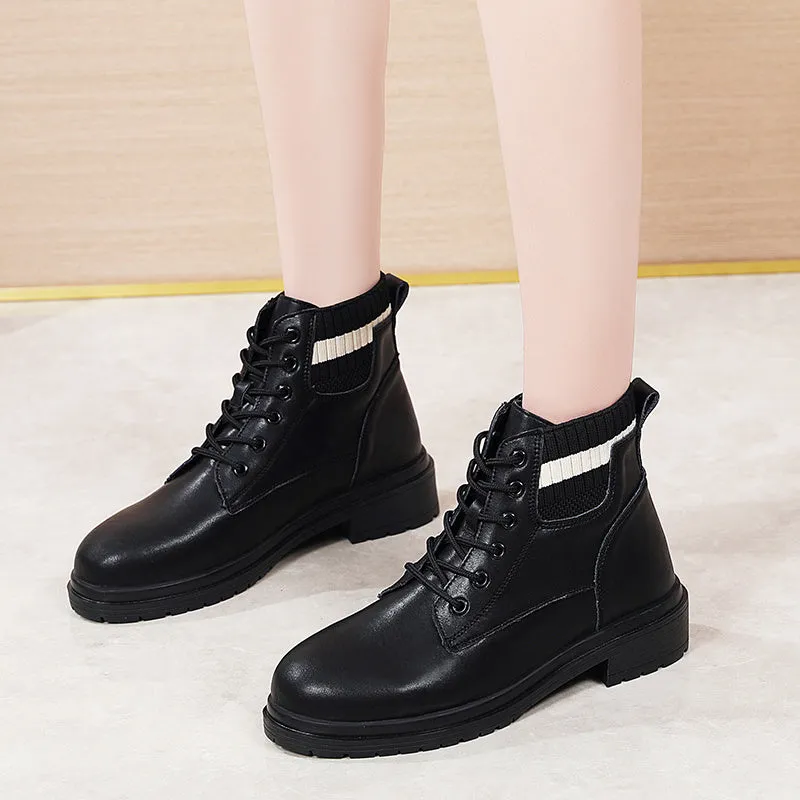 Fashion Winter Women Ankle Boots Round Toe Leather Warm Fur Motorcycle Boots