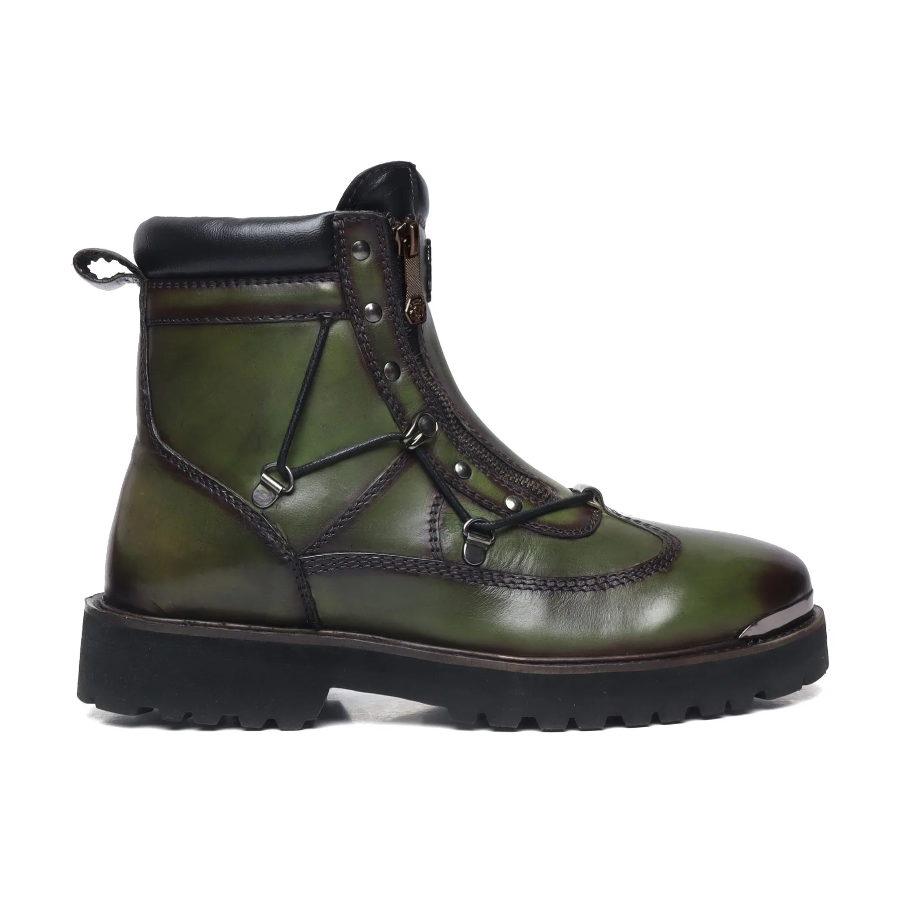 Green Chunky Boots With Metal Plate on Toe