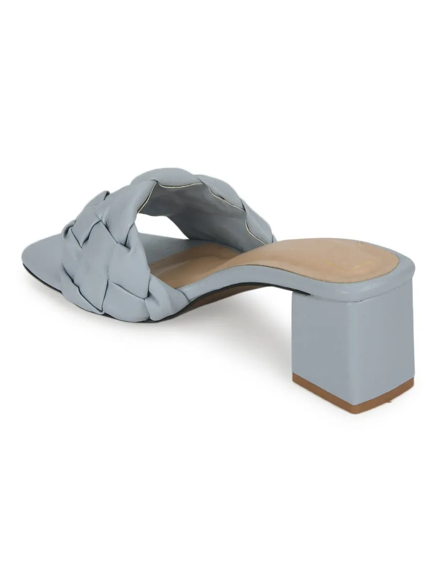 Grey PU Mules With Block Heels