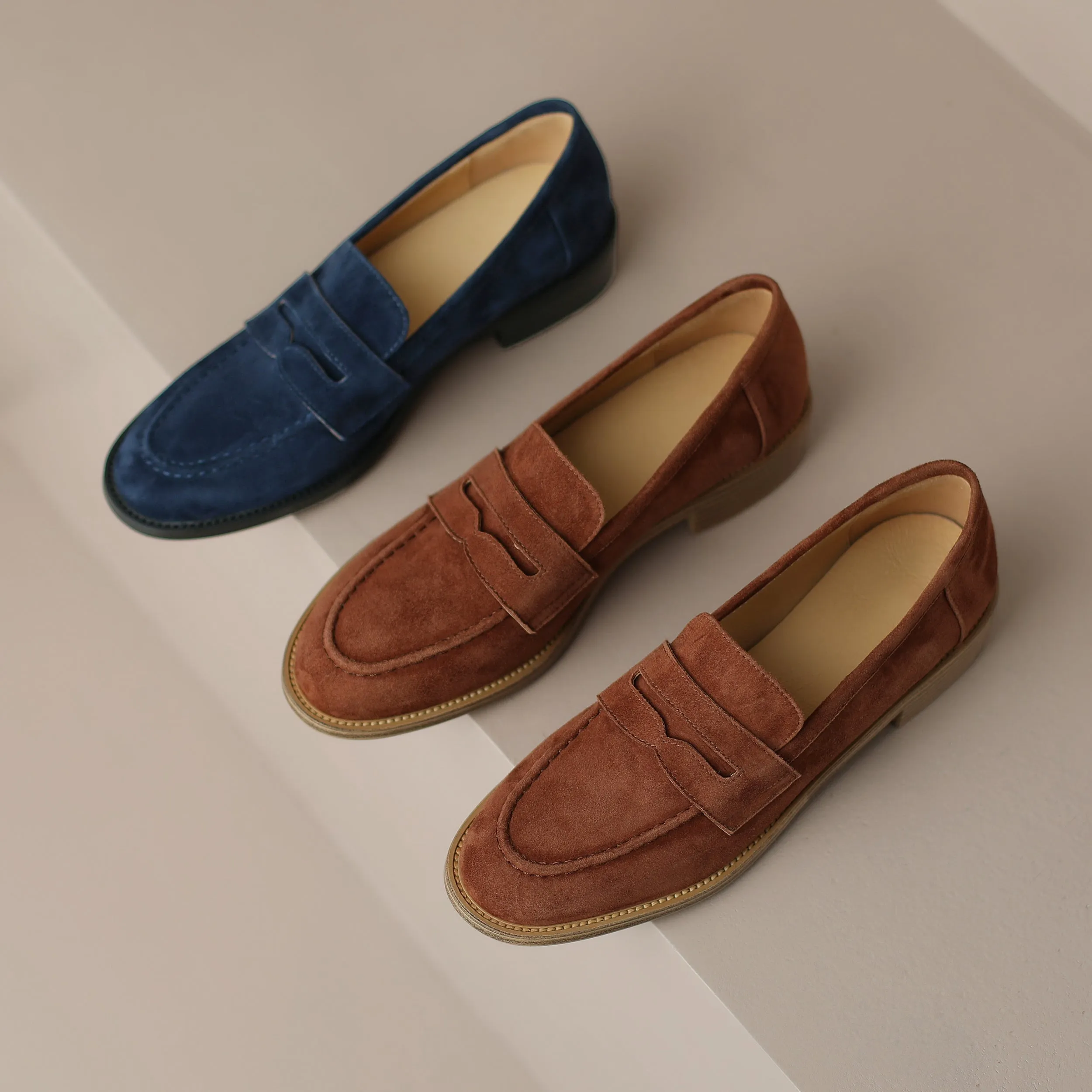 Handmade Classic Navy Suede Leather Loafers Women's Shoes