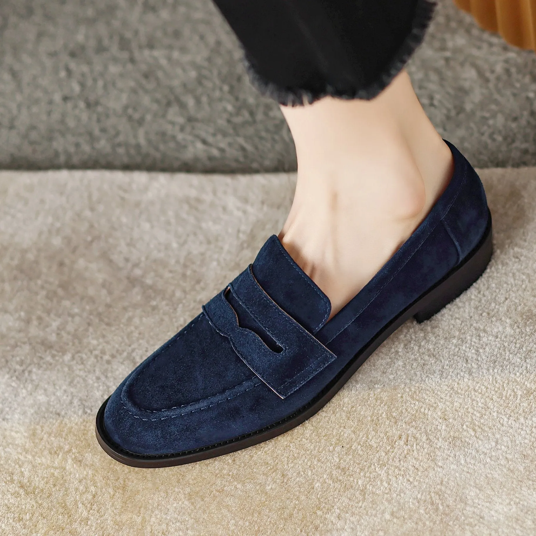 Handmade Classic Navy Suede Leather Loafers Women's Shoes