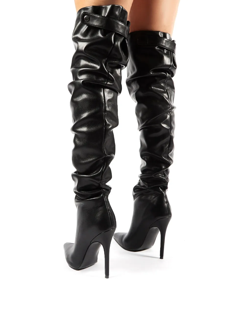 Impulse Black PU Slouch Stiletto Heeled Over the Knee Boots