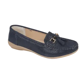 Ladies Leather Slip on Navy Shoes Tahiti Flat Jo & Joe