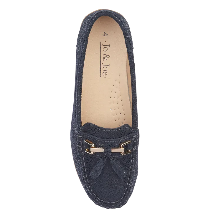 Ladies Leather Slip on Navy Shoes Tahiti Flat Jo & Joe