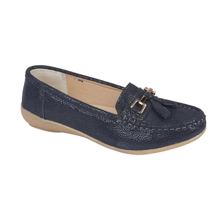 Ladies Leather Slip on Navy Shoes Tahiti Flat Jo & Joe