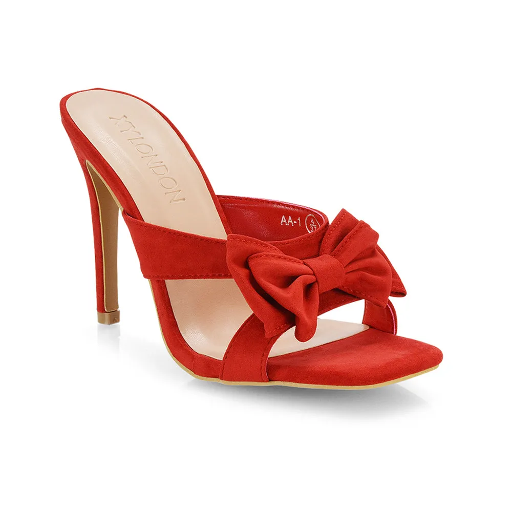 Larsa Bow Detail Square Toe Stiletto Slip on Mule Strappy Sandal Heels in Red