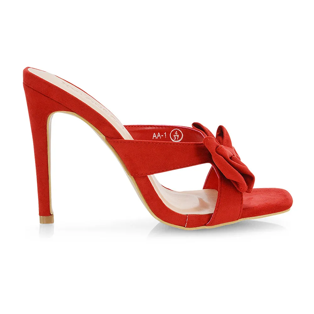 Larsa Bow Detail Square Toe Stiletto Slip on Mule Strappy Sandal Heels in Red