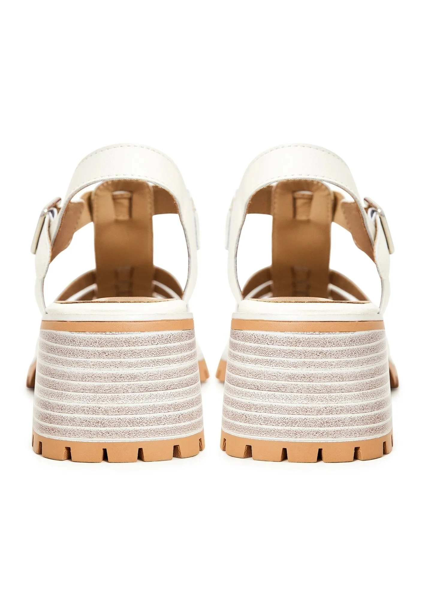 Leather Block Heels Sandals - Beige