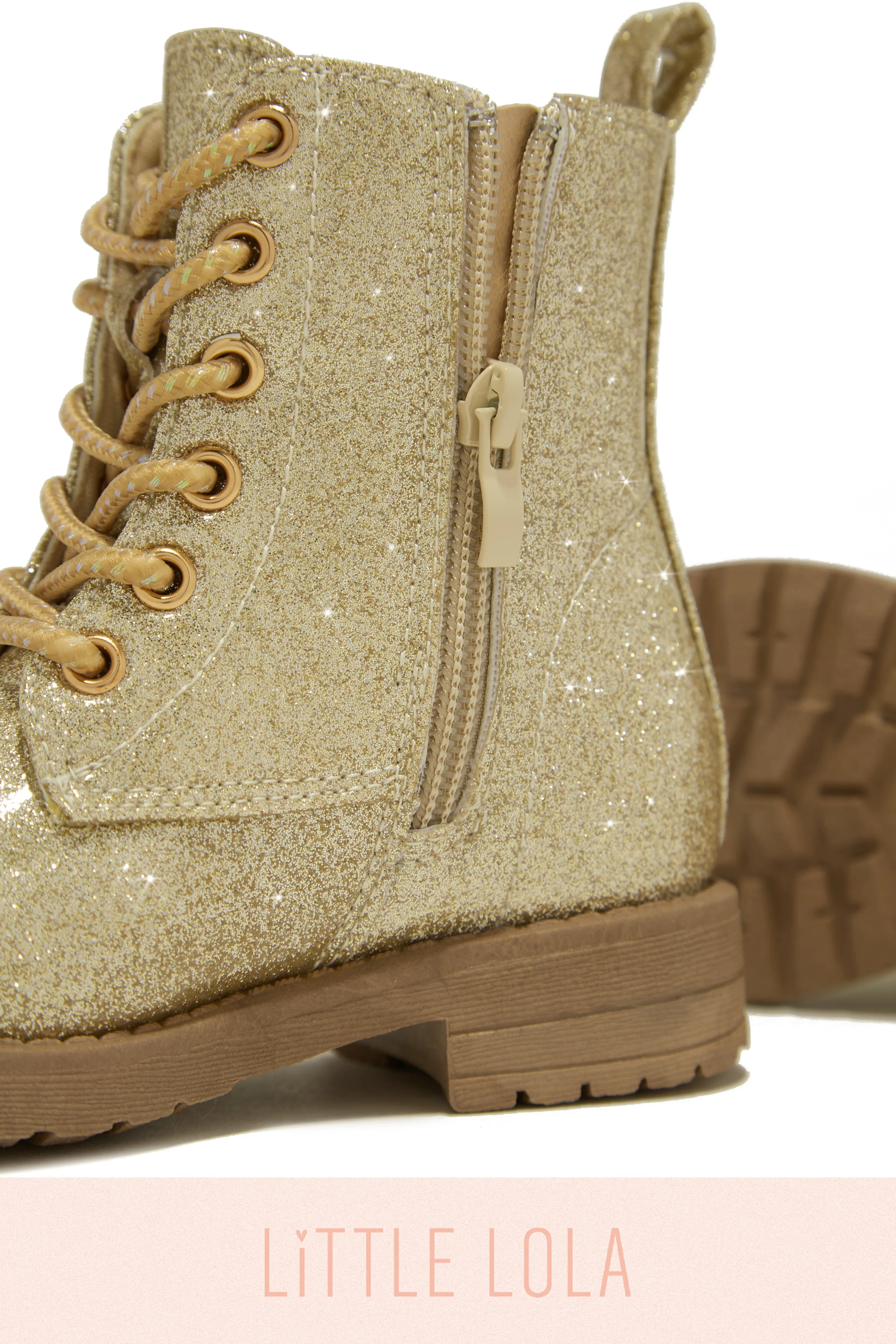 Mini Attitude Kids Glitter Lace Up Combat Boots - Gold