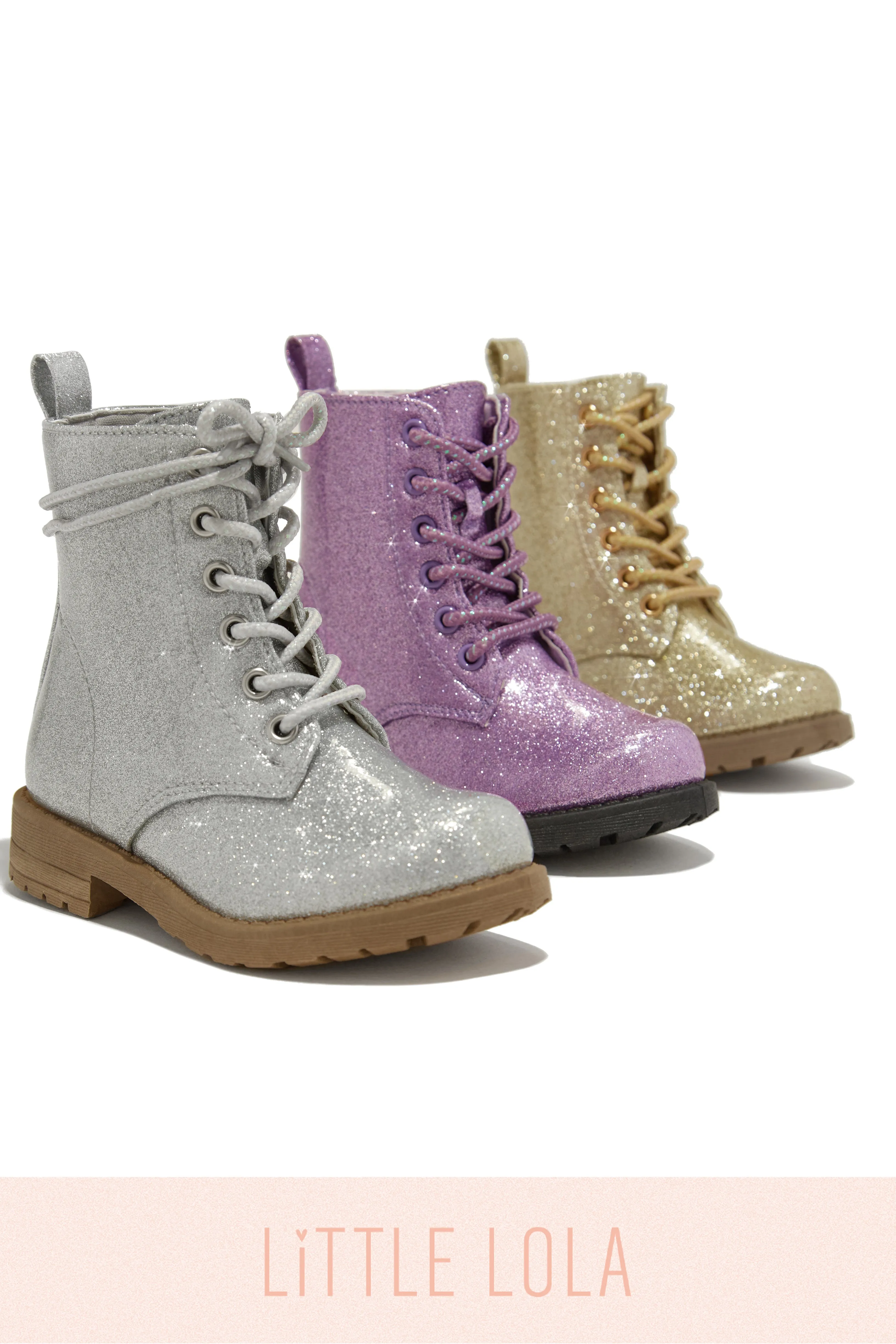 Mini Attitude Kids Glitter Lace Up Combat Boots - Gold