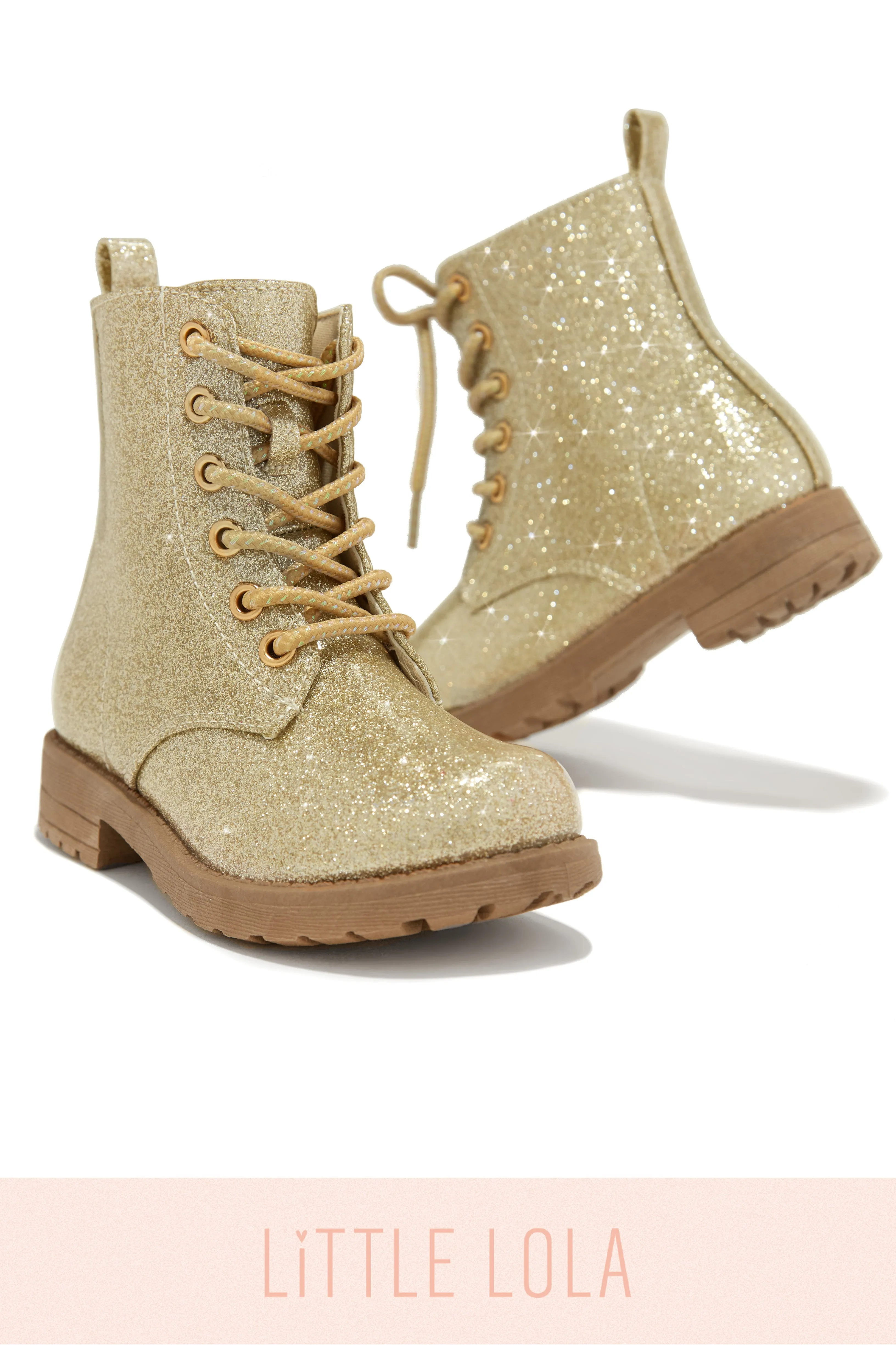 Mini Attitude Kids Glitter Lace Up Combat Boots - Gold