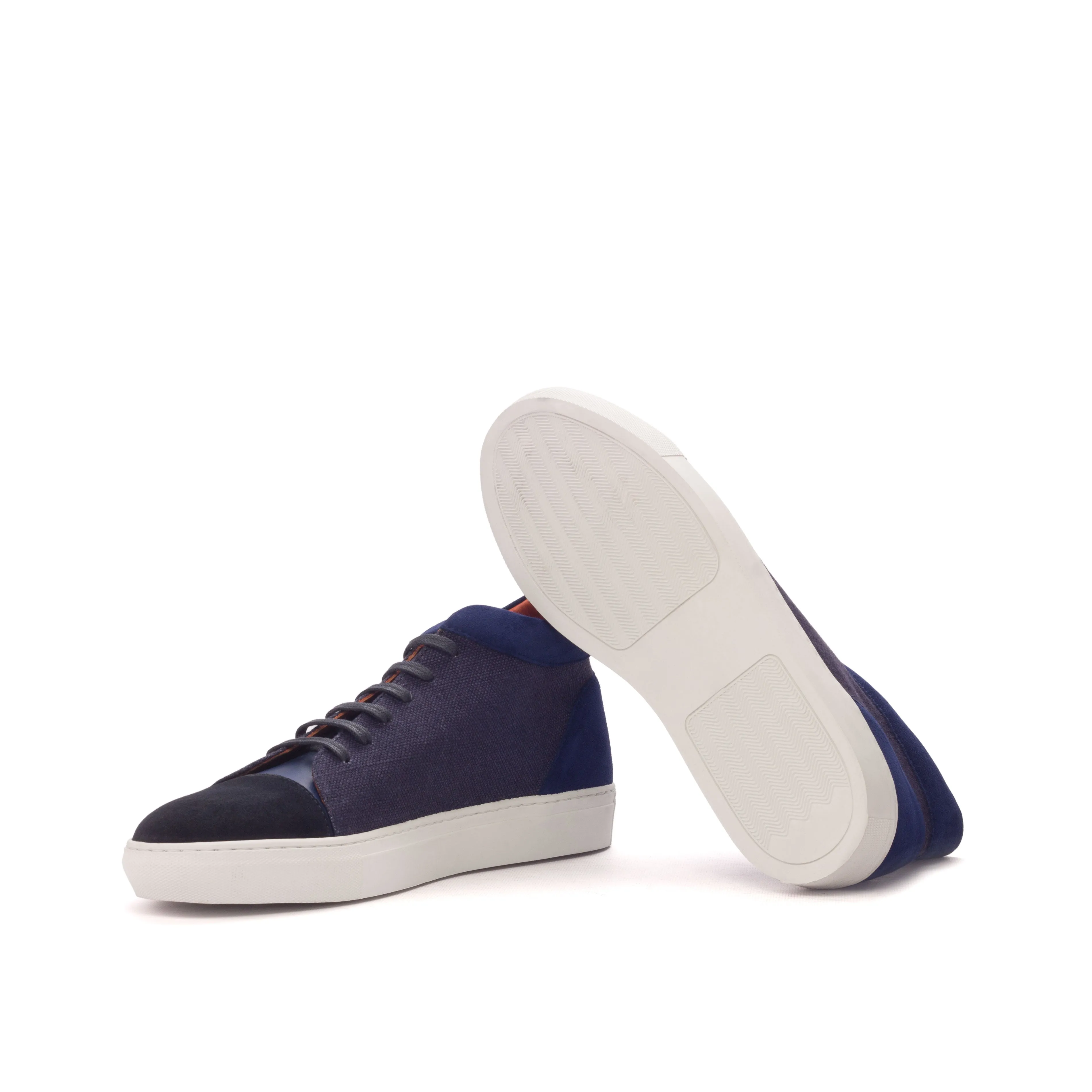 Navy Linen, Suede & Leather High-Top Sneakers