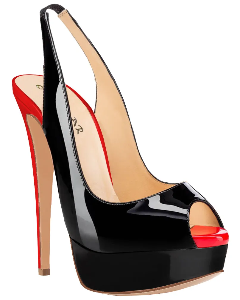 Party Peep-toe Red & Black 14cm Pumps Slingbacks Spike Stilettos with Platform