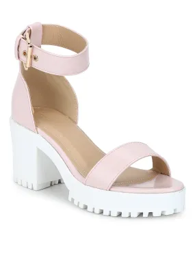 Pink Box Cleated Bottom Ankle Strap Block Heels