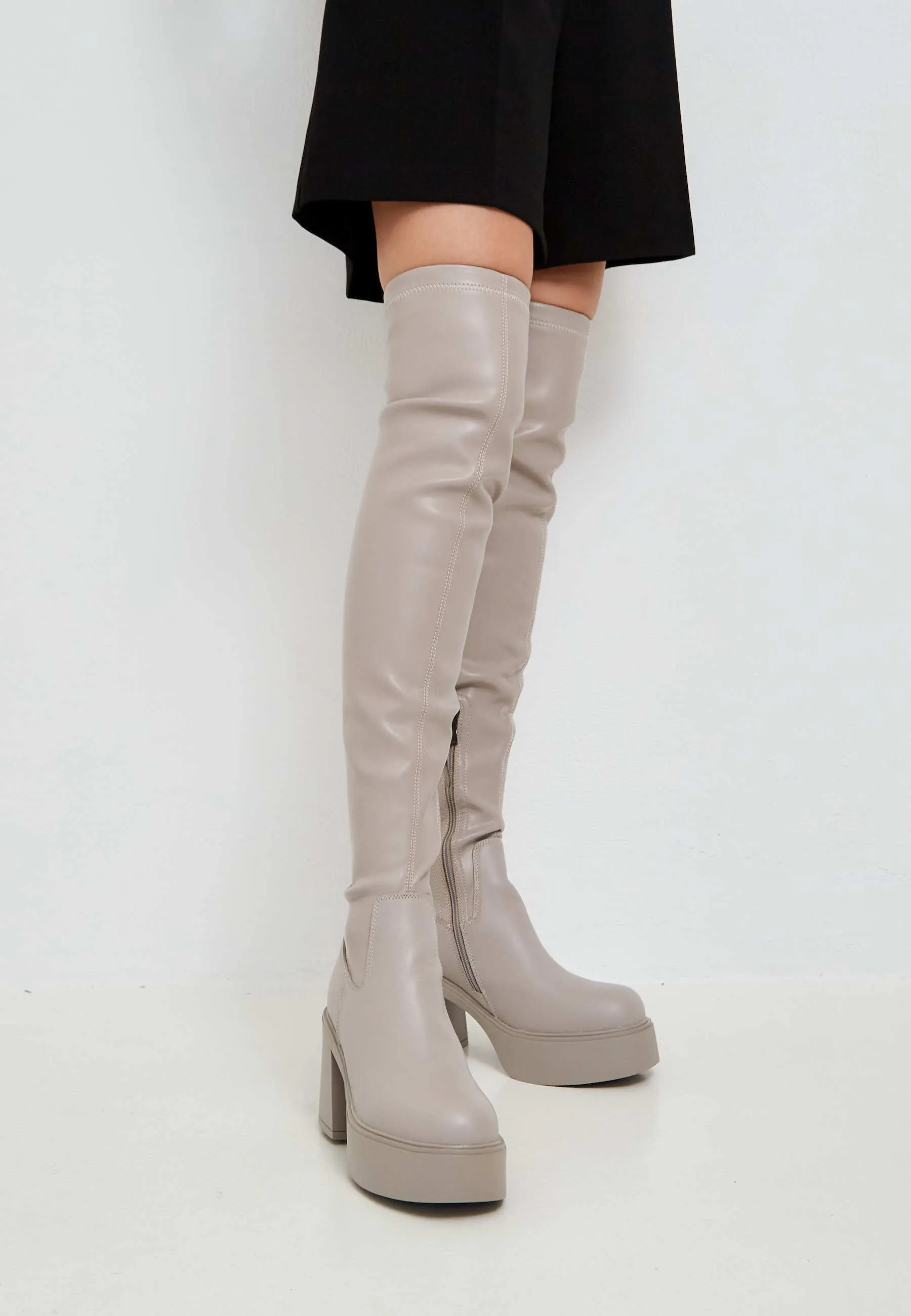 Platform Over-The-Knee Boots - Beige