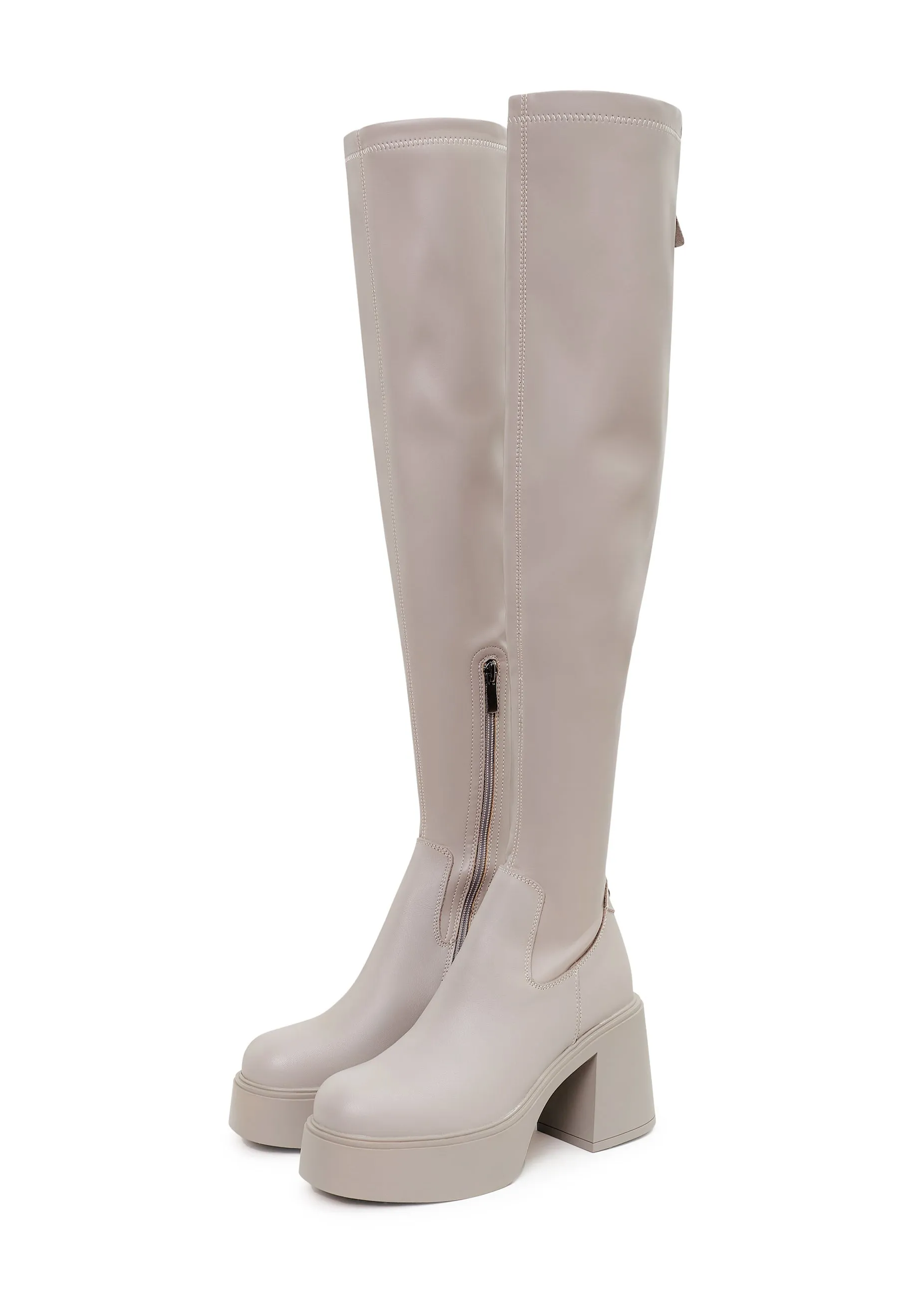 Platform Over-The-Knee Boots - Beige