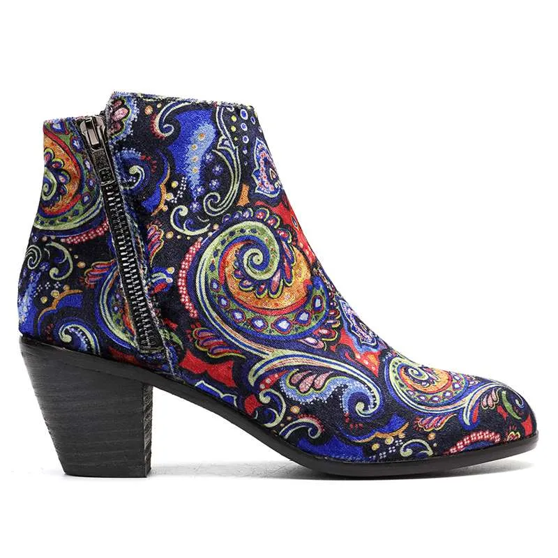 Printed Floral Design Women's Heels Winter Western Ankle Boots