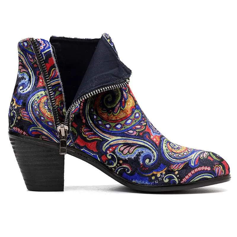 Printed Floral Design Women's Heels Winter Western Ankle Boots