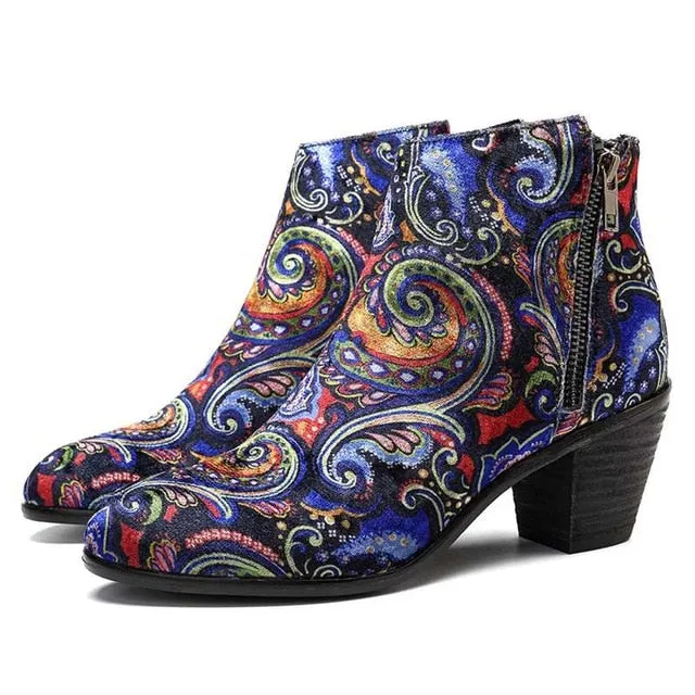 Printed Floral Design Women's Heels Winter Western Ankle Boots