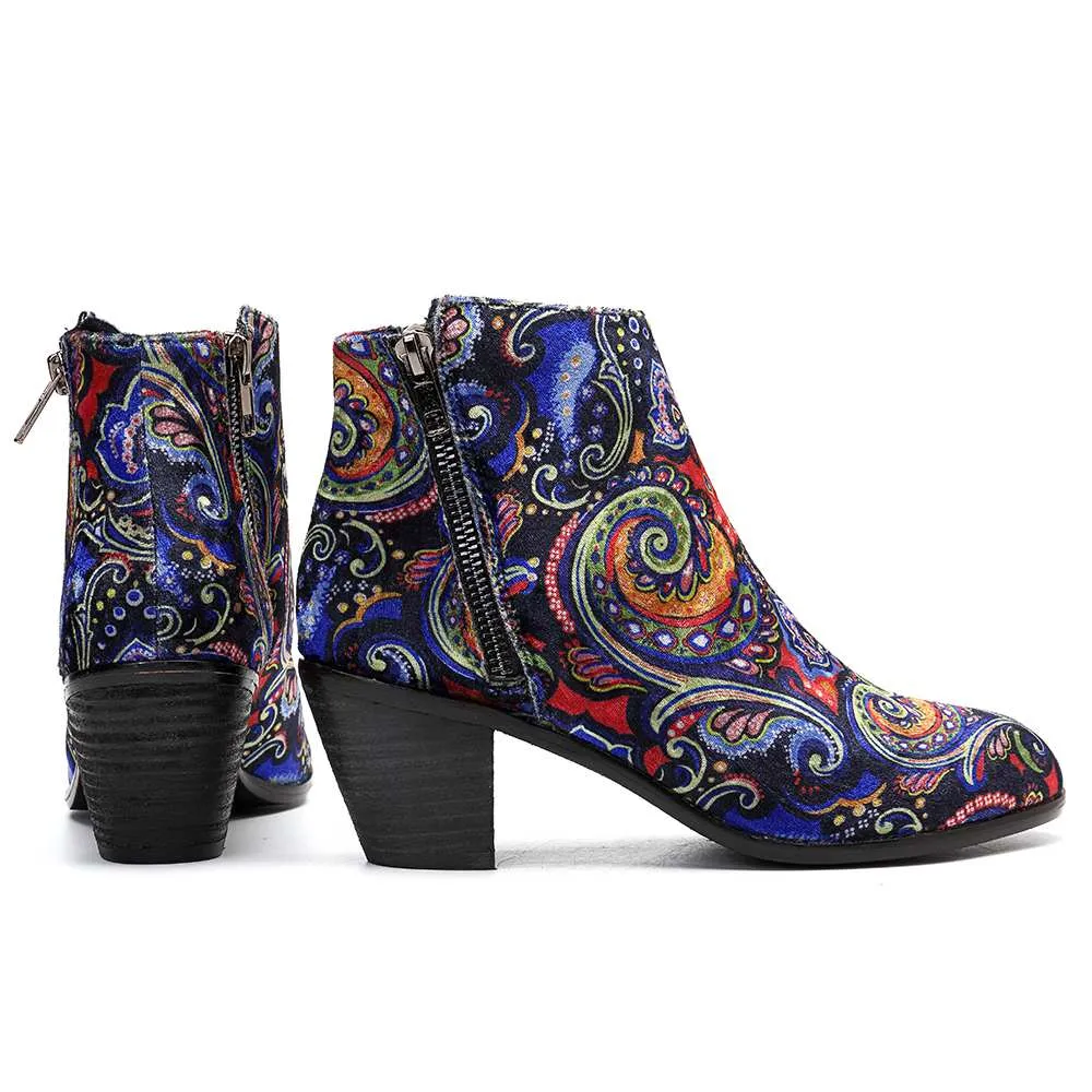 Printed Floral Design Women's Heels Winter Western Ankle Boots