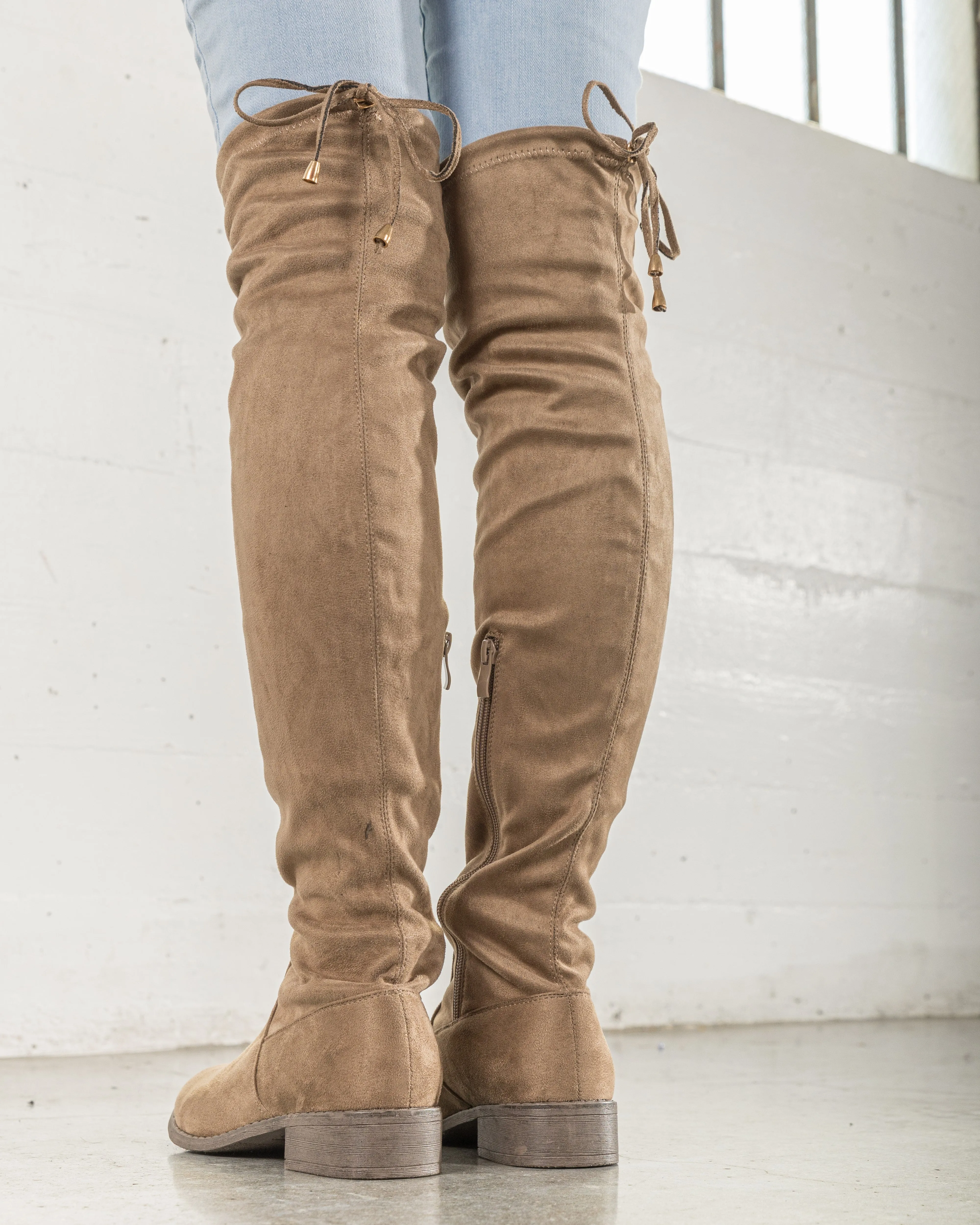 "Regular Calf" Stretchy Over The Knee Riding Boots TAUPE