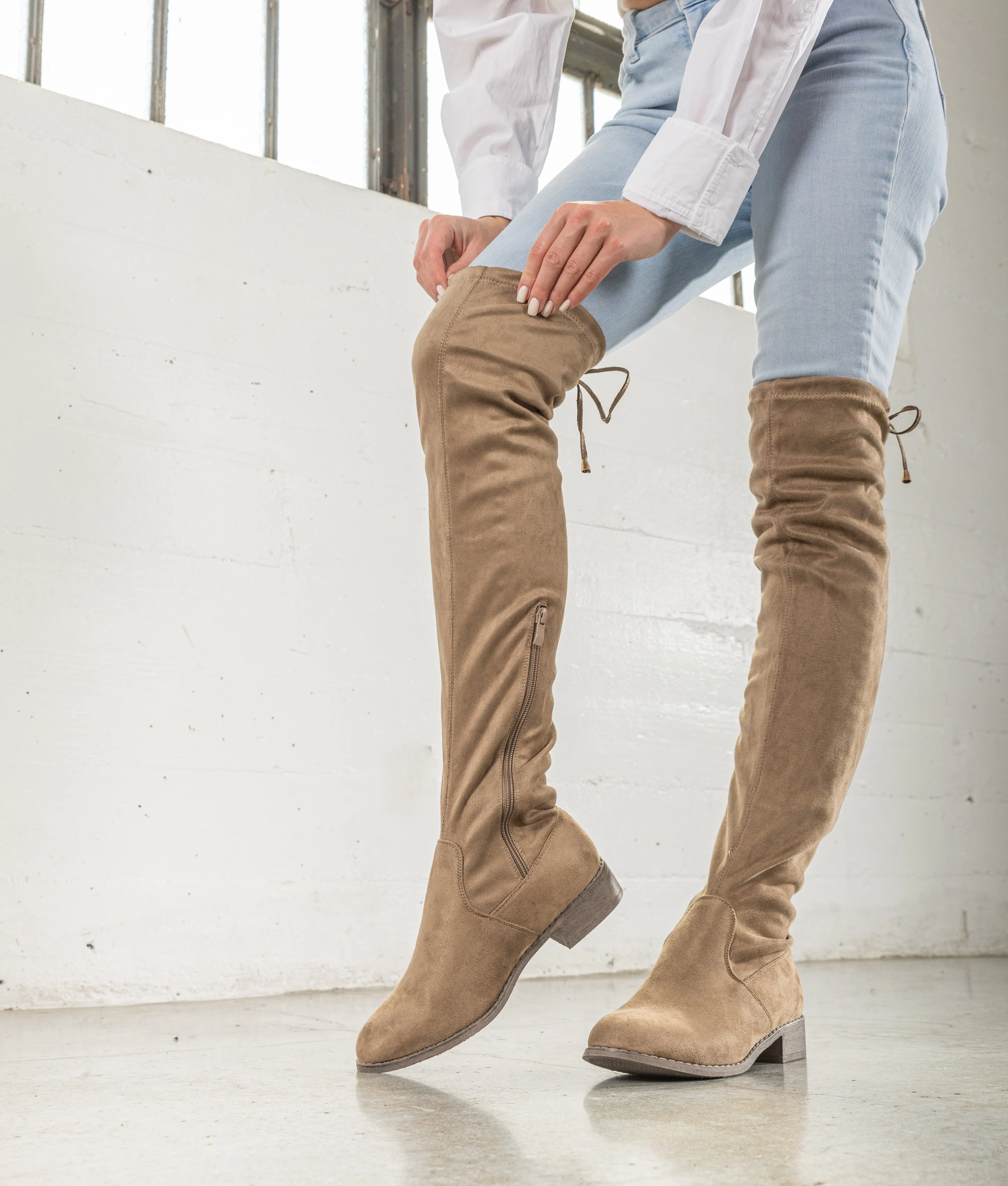 "Regular Calf" Stretchy Over The Knee Riding Boots TAUPE