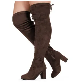 "Wide Calf" Over The Knee Chunky Heel Stretch Boots BROWN