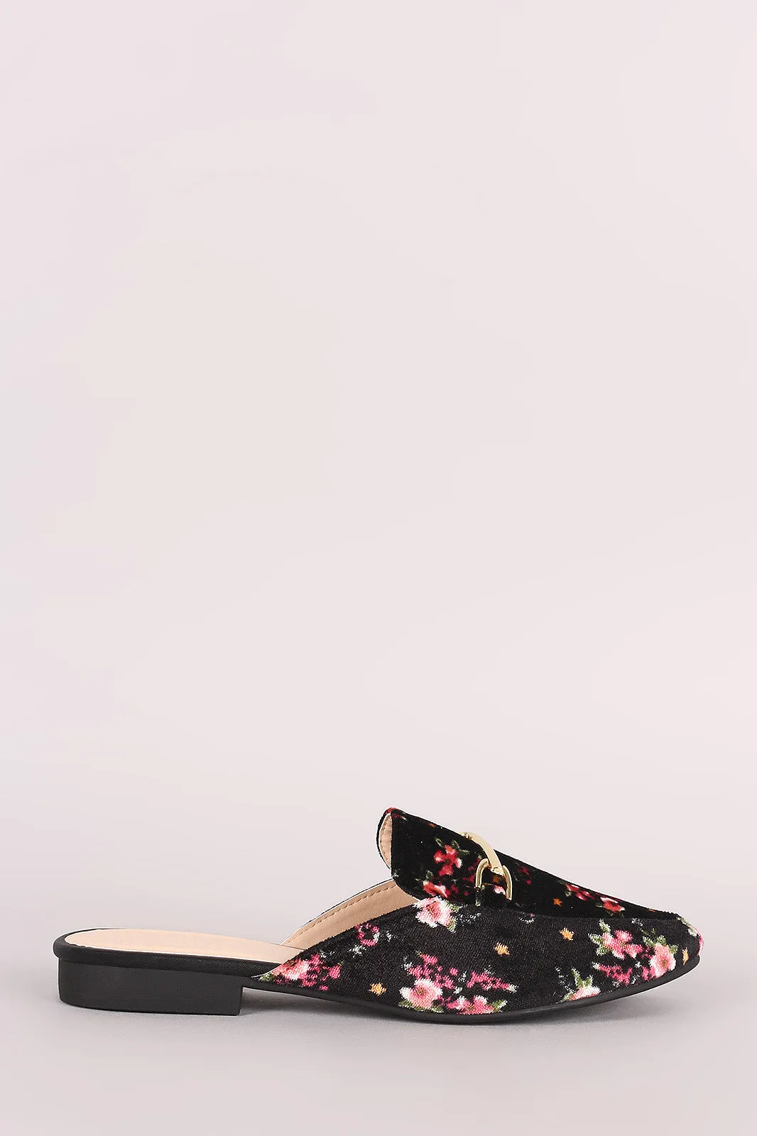 Qupid Floral Print Velvet Horsebit Slip On Loafer Mules