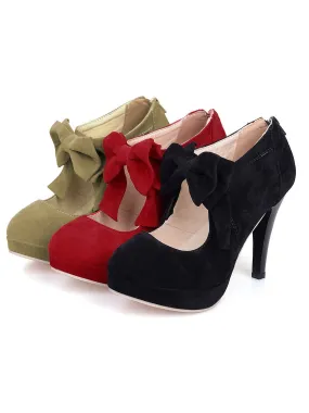 Round Toe Flannel Bow Heels Shoes