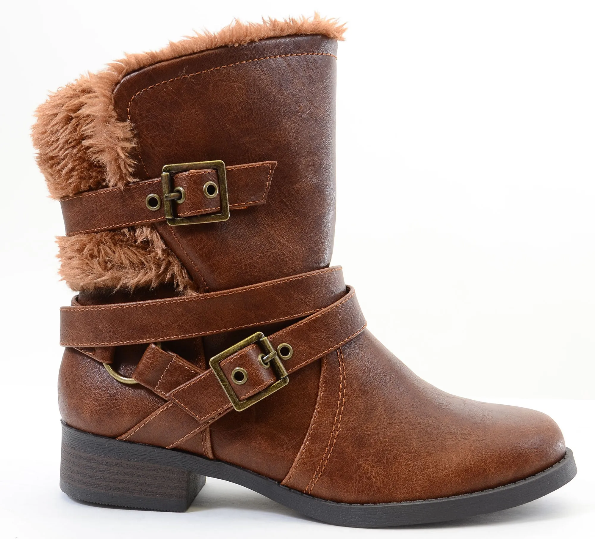 Shearling Fur Moto Combat Vegan Mid-calf Women's Boots