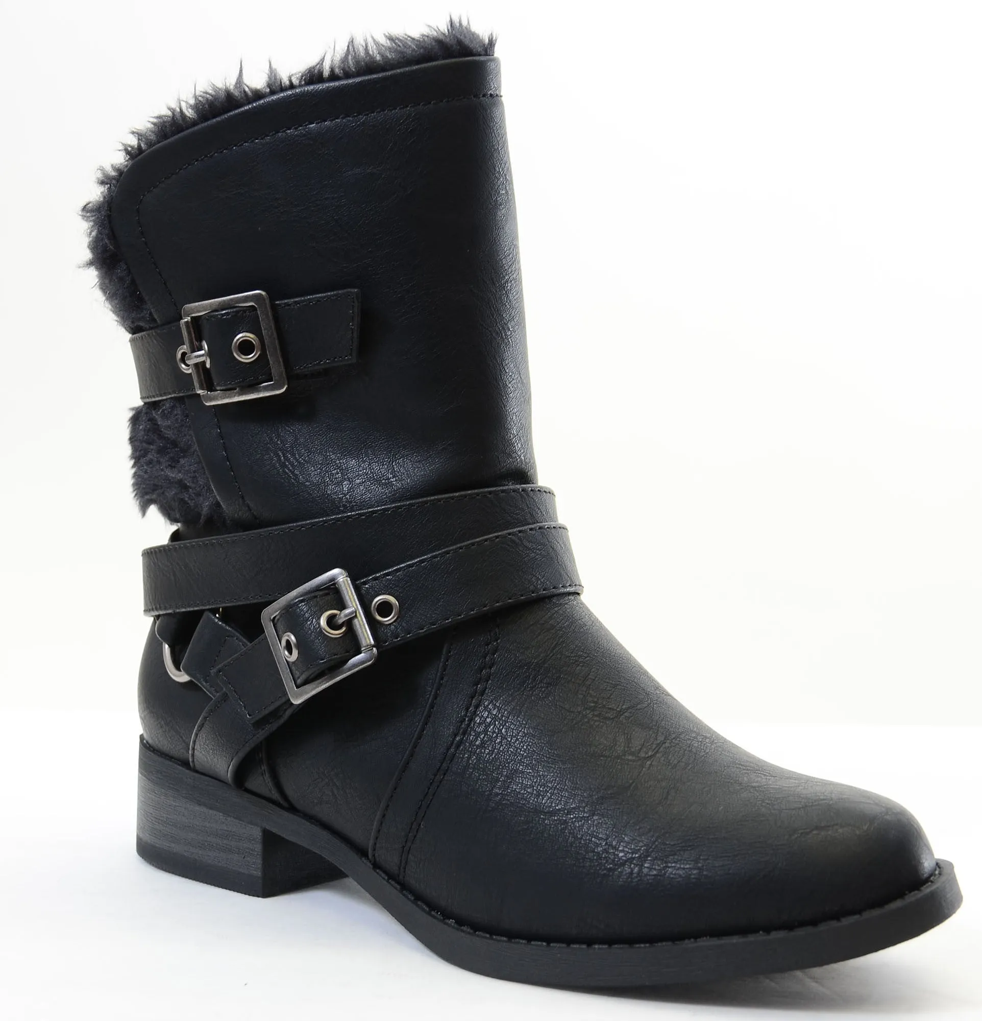 Shearling Fur Moto Combat Vegan Mid-calf Women's Boots