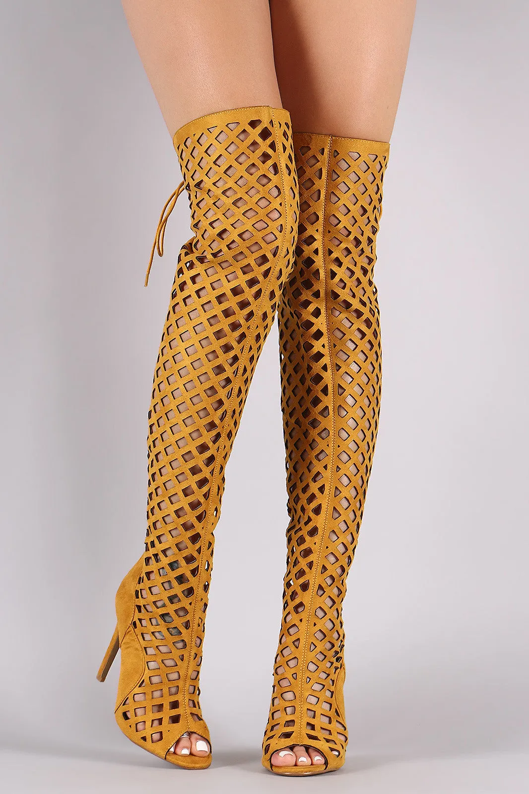 Suede Geometric Cutouts Peep Toe Stiletto Over-The-Knee Boots